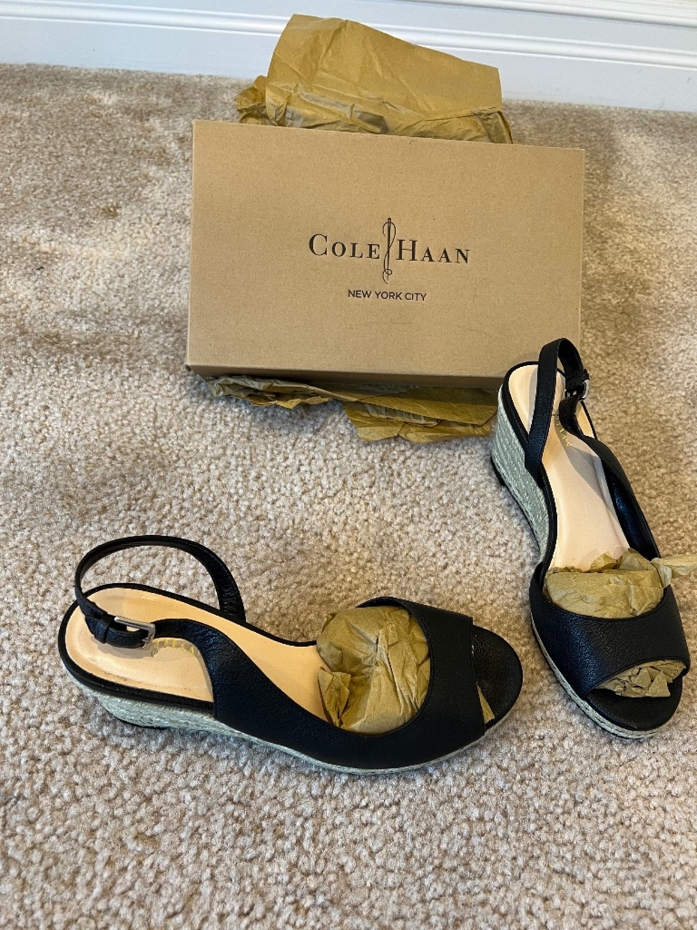 NWB Cole Haan Adelaide Mid Wedge Espadrille Sandals Black Leather | Size 7B